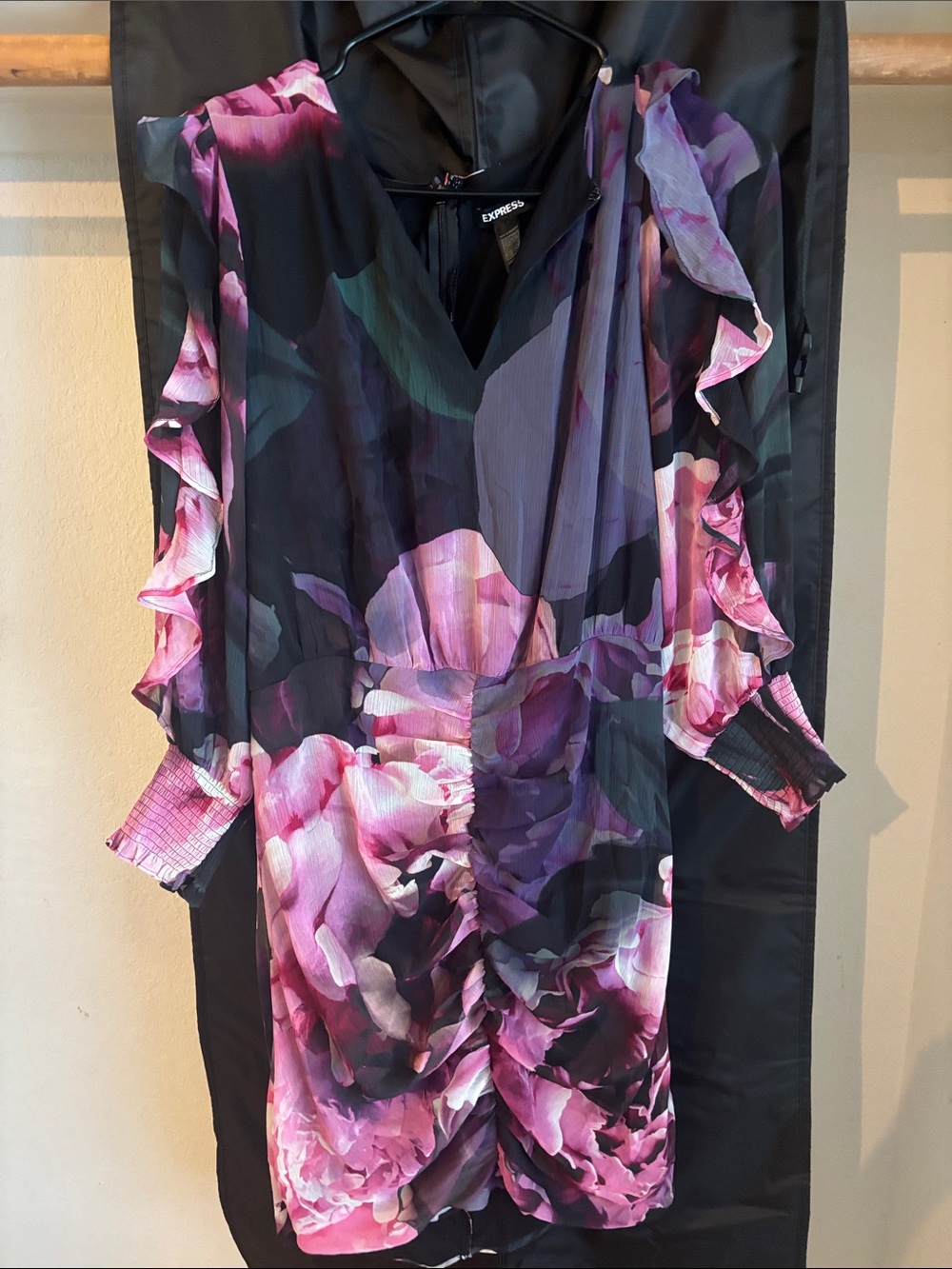 Express Black & Pink Floral Ruffle V-Neck Dress
